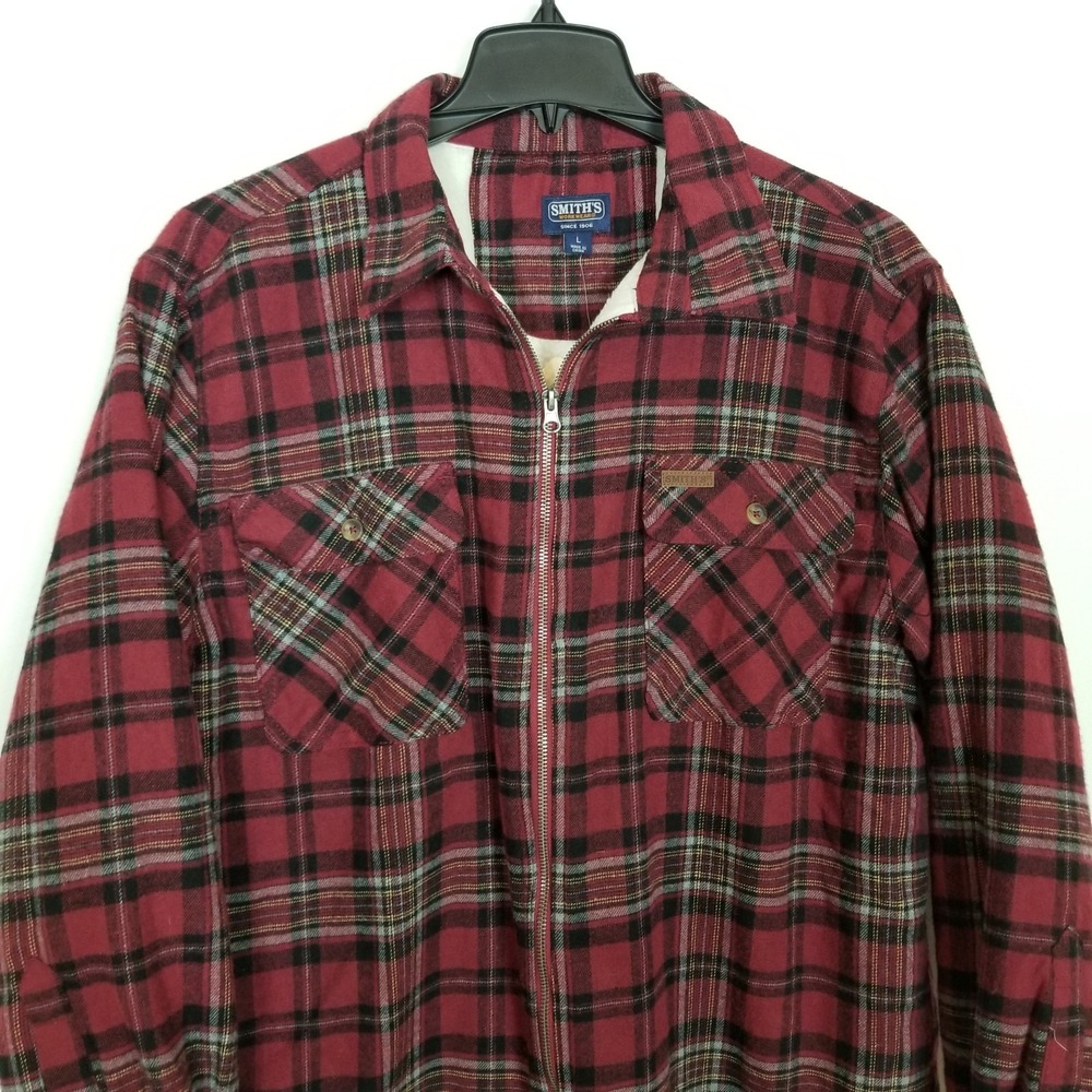 Smith's Workwear Zip-Front Sherpa-Lined‎ Flannel Shirt Jacket Sz L Red Plaid - Picture 3 of 12